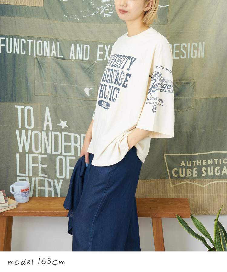 CUBE SUGAR(キューブシュガー) |【秋新作】21/-OE天竺 パウダー加工 ラグラン 6分袖 ロゴプリント Tシャツ
