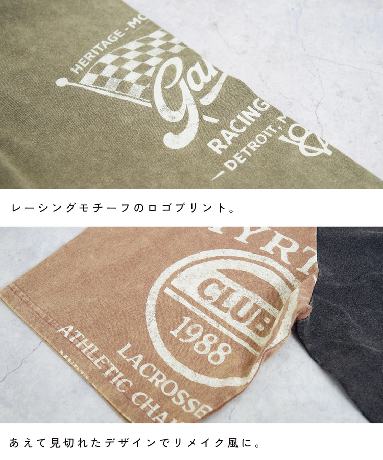 CUBE SUGAR(キューブシュガー) |【秋新作】21/-OE天竺 パウダー加工 ラグラン 6分袖 ロゴプリント Tシャツ