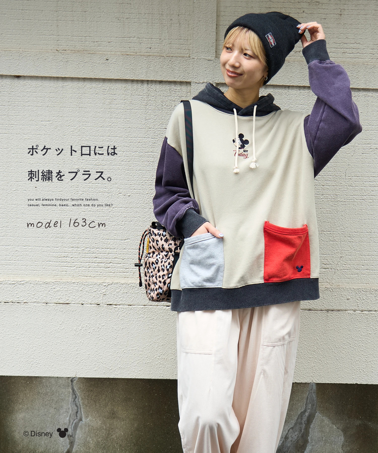 CUBE SUGAR(キューブシュガー) |【秋新作】30/10裏毛 パウダー加工 ミッキーデザイン 刺繍 プルオーバーパーカー
