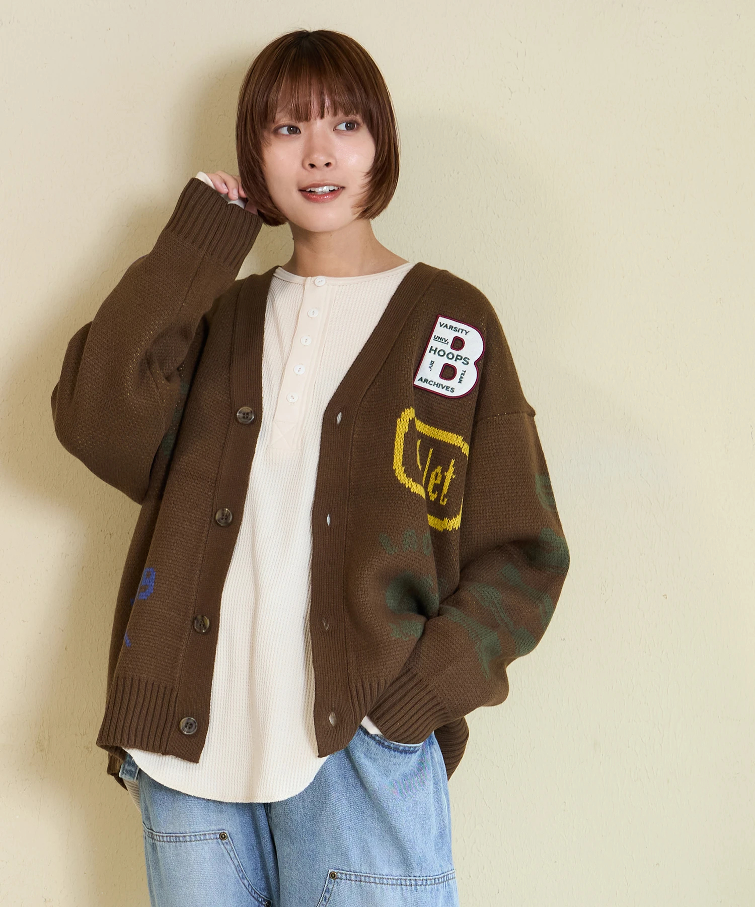 秋新作】ワッペン付き ジャガード ニット カーディガン｜ファッション