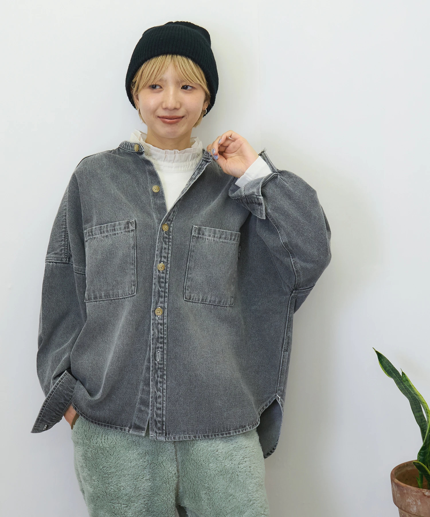 秋新作】9.5オンス デニム スタンドカラー ワイドシャツ｜ファッション
