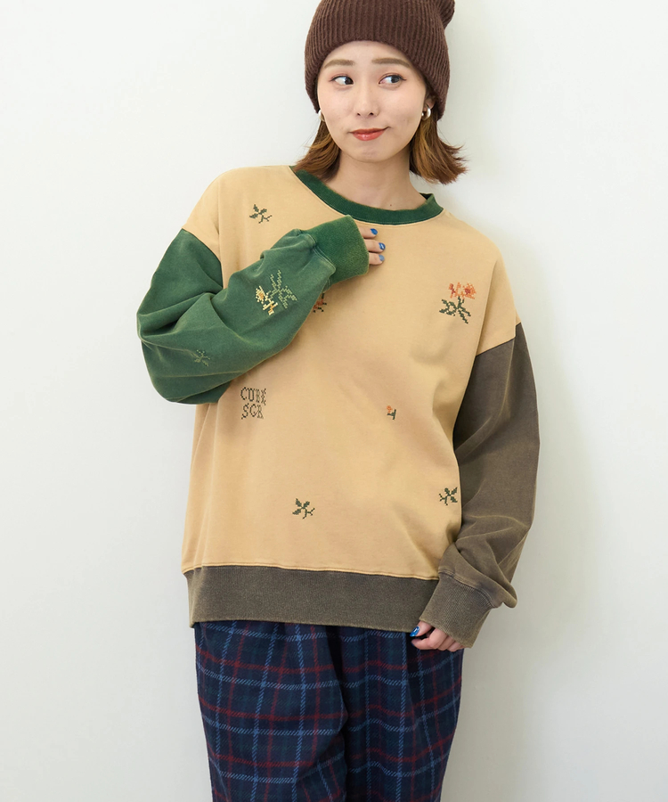 CUBE SUGAR(キューブシュガー) |【秋新作】パウダー加工 スウェット ロゴ 刺繍 プルオーバー