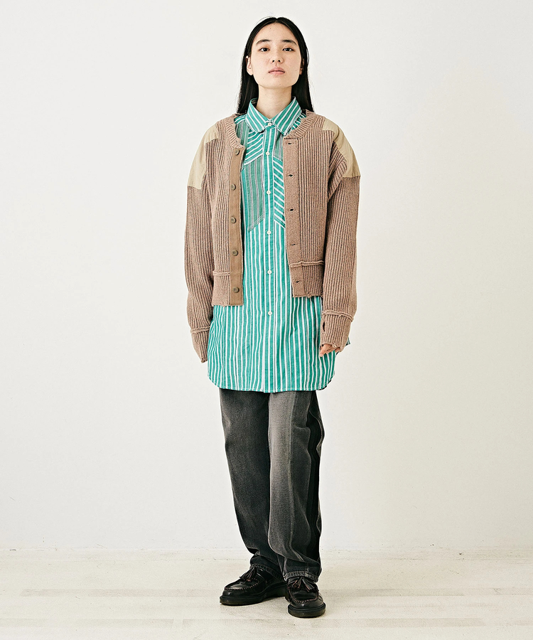 TOBILA(トビラ) |ストライプ ミックス オルテガ柄 パッチワーク 長袖 シャツ