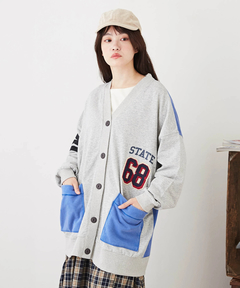 GENTIL (ジャンティ) ミニ裏毛 スウェット × フライス ワッペン付 ビッグ カーディガン