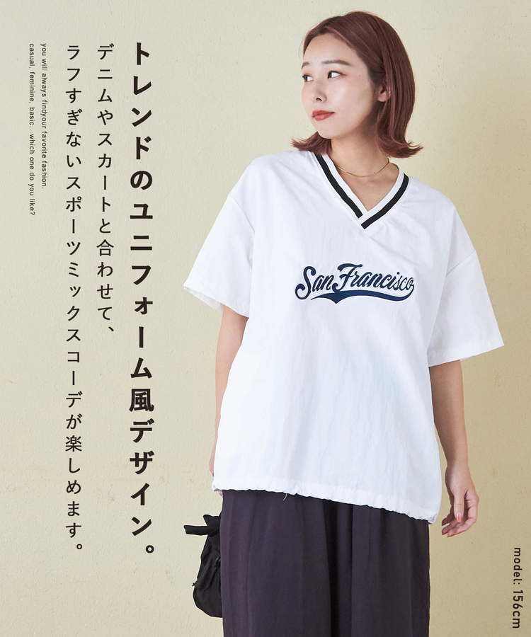 SELECT(セレクト) |evo. (エボ) WEB限定 スタジアムロゴ刺繍 ラインリブ 裾ドロスト Vネック ナイロン プルオーバー