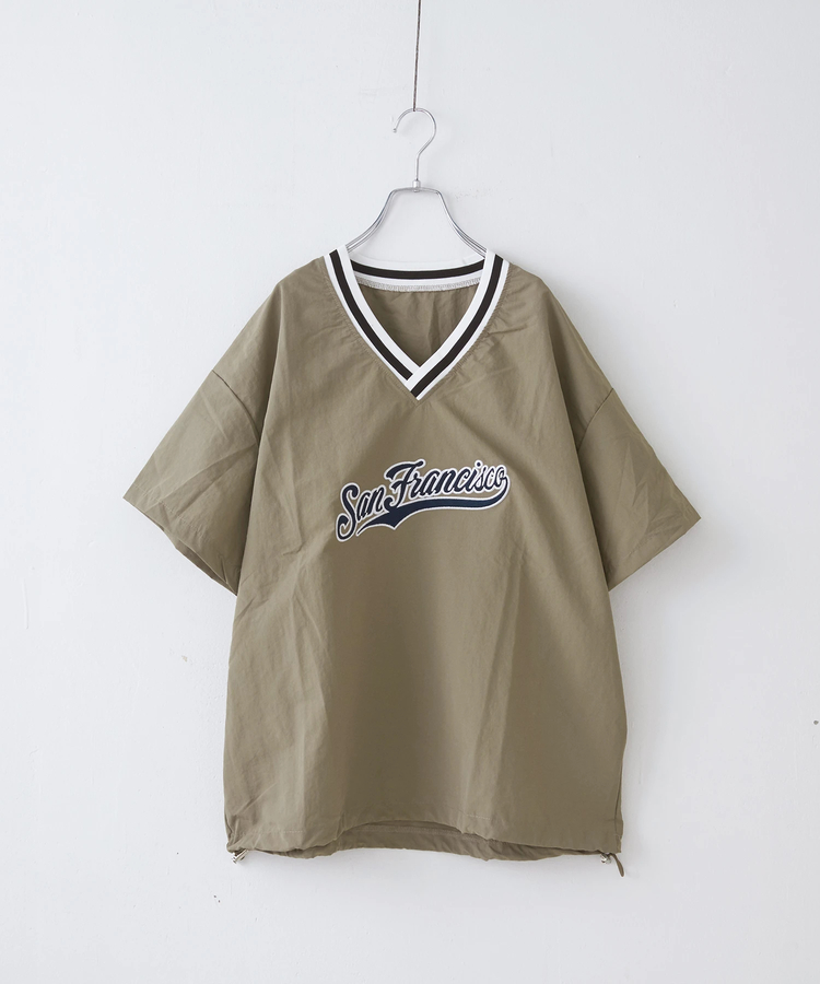 SELECT(セレクト) |evo. (エボ) WEB限定 スタジアムロゴ刺繍 ラインリブ 裾ドロスト Vネック ナイロン プルオーバー