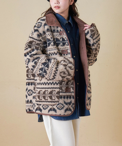 【秋冬新作】WEB限定 evo. (エボ) 総柄ボア × フェイクスウェード スタンドカラー ジャケット